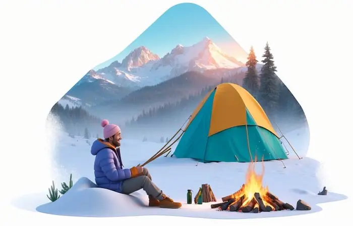Man Enjoying Bonfire Outdoor Camping Art 3D Illustration